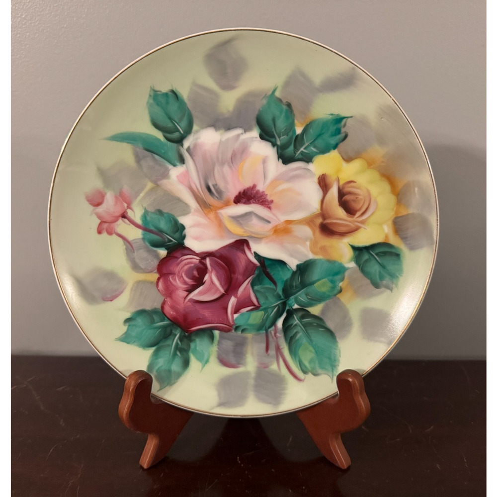Lefton China Hand Painted Floral Plate 60408 Pink Yellow Rose 8" Japan Vintage - Picture 2 of 6